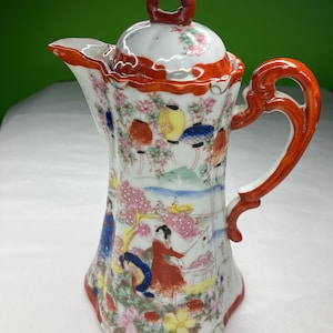 Vintage Fine Porcelain Hot Chocolate Pitcher Geisha Style Hand Painted Gorgeous