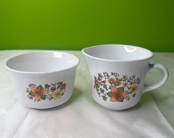 Vintage Corelle white glass Creamer pitcher and Sugar Bowl INDIAN SUMMER flowers