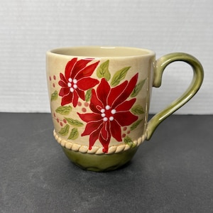 Vintage Ceramic Handmade Winter Blossom Poinsettia Green/Brown Coffee Mug