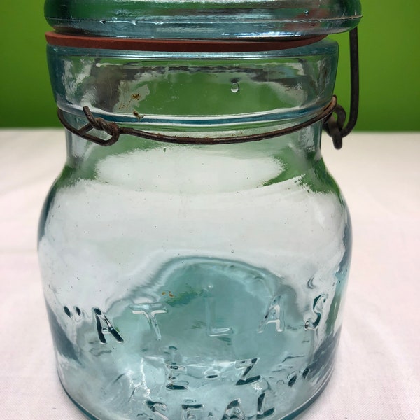 Vintage Atlas Aqua Blue Glass EZ Seal Storage Canister Container jar with glass lid and wire attached lock