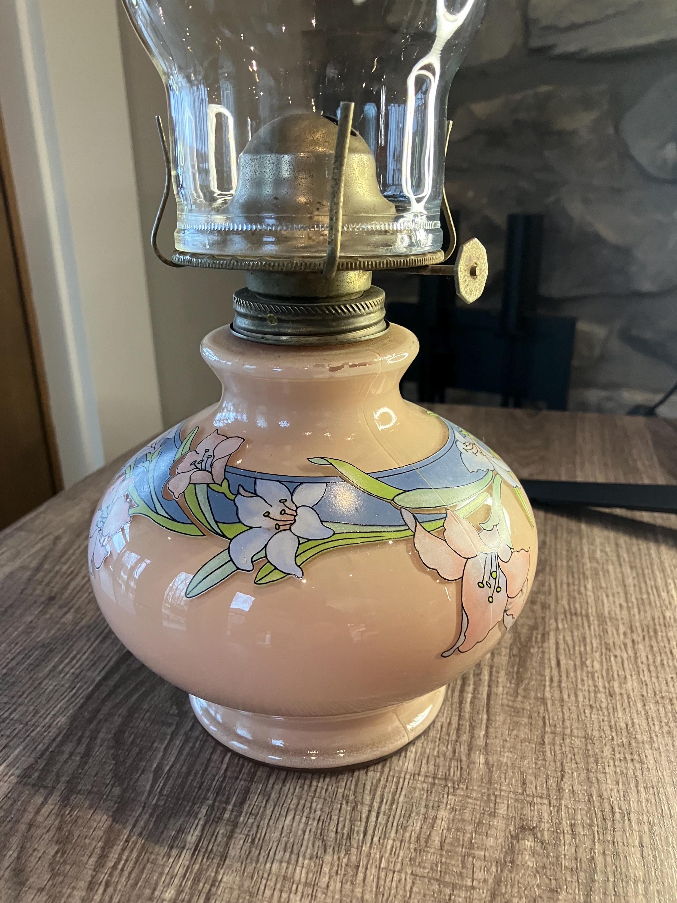 UK vintage 60s⚪︎ハンカチーフベースランプ　イギリス　照明　ライト Vintage Kaadah Reverse Painted Peach Floral M Oil Hurricane Lamp