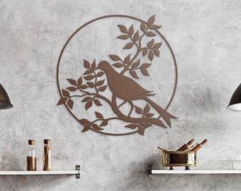 Bird metal wall art, birds wall decor, bird on a branch wall decor, outdoor / indoor wall hanging, black / silver / copper / white art