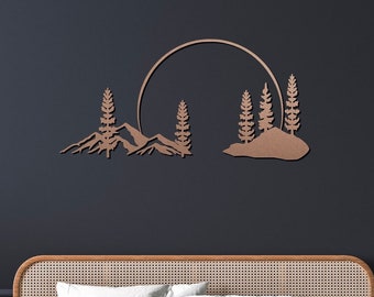 Mountain metal wall art, sunrise / sunset landscape art, minimalist sun trees art, boho, over the sofa bed wall decor, nature lovers gift,