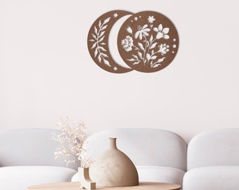 Moon and sun metal wall art with botanical details, modern boho celestial wall hanging, bronze, silver, black & white art, indoor or outdoor
