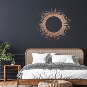 Sun metal wall art, modern boho sun burst, sunrise / sunset wall decor, minimalist sun art, celestial decor, black, bronze, silver and white image 1