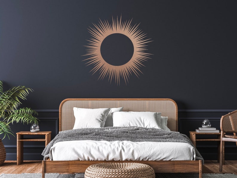 Sun metal wall art, modern boho sun burst, sunrise / sunset wall decor, minimalist sun art, celestial decor, black, bronze, silver and white image 1