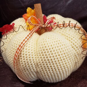 May include: Cream-colored, crocheted pumpkin decoration with a cinnamon stick stem, orange and red leaves, and a brown and white ribbon. The pumpkin is adorned with a wire spiral around the edges, creating a festive fall theme.