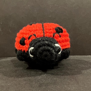 May include: A handmade crochet ladybug toy. The ladybug has a red body with black spots and a black head. The toy has white eyes and is made of soft yarn.