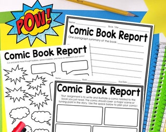 May include: Black and white printable comic book report template with speech bubbles and thought bubbles. The template includes a section for a one-paragraph summary of the book and a section to plan a comic.