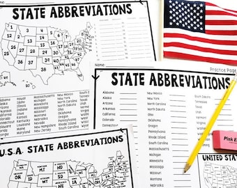 Abréviations d'état : cartes, feuille de travail et quiz (test) avec 2 options de difficulté | Téléchargement numérique | Feuille de travail sur les abréviations des États-Unis pour les enfants
