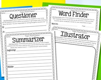 May include: Black and white printable worksheets for children with the titles "Questioner", "Word Finder", "Summarizer", and "Illustrator". Each worksheet has a job description and space for students to complete the activity.