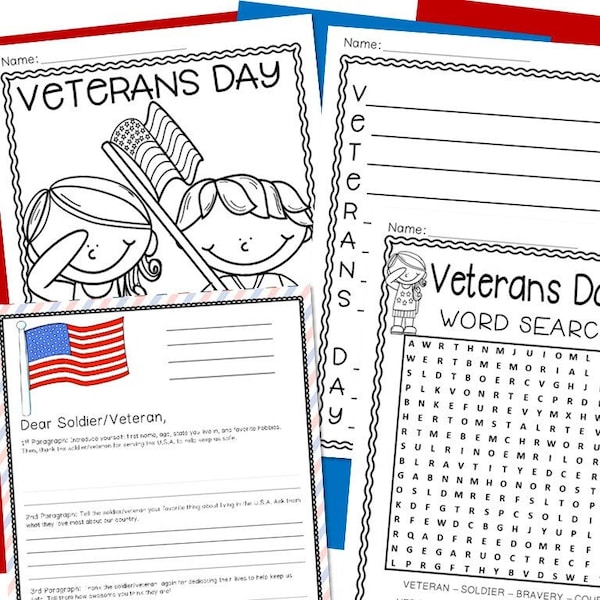 Veterans Day Activities Bundle | Letter Writing, Veterans Day Word Search, Coloring Page, Veterans Day Writing, Digital Download, Homeschool