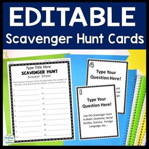 Búsqueda del tesoro editable para niños / Editable en PowerPoint / Tarjetas de tareas y hojas de respuestas para todas las asignaturas / Descarga digital