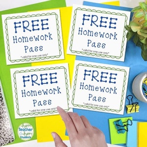 Gratis huiswerkpas, geen huiswerkpas voor kinderen, beloningskaart, gratis huiswerkdag, kinderen zijn dol op deze Classrooom-beloningskaarten, afdrukbare pdf
