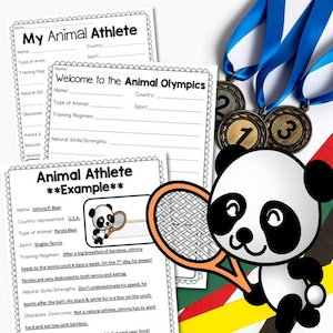 May include: A printable worksheet for children to create their own animal athlete. The worksheet includes sections for the animal's name, type of animal, country, sport, training regime, natural skills, and obstacles overcome. The worksheet is illustrated with a panda bear holding a tennis racket.