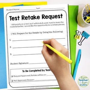 May include: A printable test retake request form with a black and white design. The form includes sections for the student's name, the test name, a space for the student to explain why they want to retake the test, and a section for the teacher to complete.