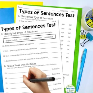 Puede incluir: Una hoja de trabajo con el título "Types of Sentences Test" e instrucciones para identificar diferentes tipos de oraciones. La hoja de trabajo incluye una tabla con los encabezados "Interrogative", "Declarative", "Exclamatory" e "Imperative".