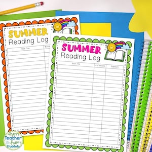 May include: Two printable summer reading logs with a bright green and orange border. Each log has a title that says "Summer Reading Log" with a sun, rainbow, and book graphic. The logs have columns for book title, number of minutes read, and signature.