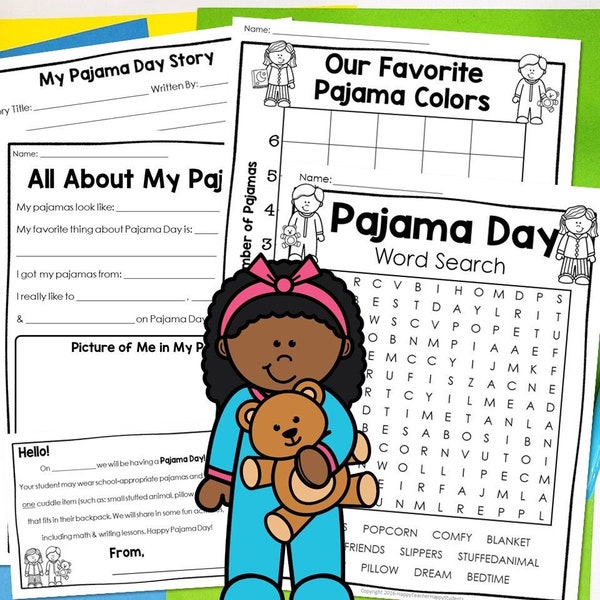 Pajama Day Activities | Pajama Day Party | Word Search, Writing & Math Activities | Digital PDF | School Pajama Day | PJ Day Worksheets PDF