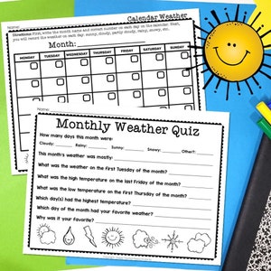 Calendriers de suivi météorologique mensuels et feuilles de travail et quiz pour le calendrier météorologique | PDF imprimable | Suivi météo | Suivi de la météo pour les enfants