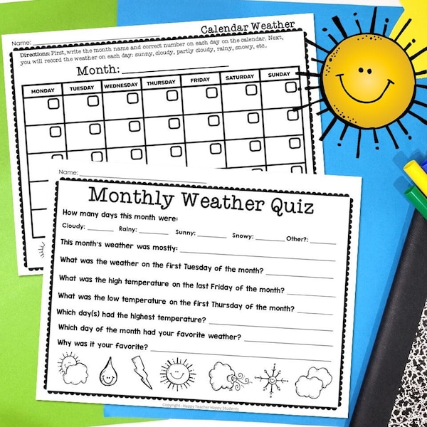 Monthly Weather Tracking Calendars and Weather Calendar Worksheets and Quiz | Printable PDF | Weather Tracker | Tracking Weather for Kids