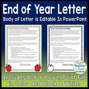 Editable End of Year Letter to Parents: Color & Black (digital Download ...
