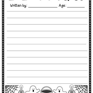 Puede incluir: Plantilla de escritura imprimible en blanco y negro para ni&ntilde;os. La frase es "Si yo fuera un fantasma". La p&aacute;gina tiene un borde punteado y una l&iacute;nea para que el ni&ntilde;o escriba su nombre y edad. La parte inferior de la p&aacute;gina tiene una telara&ntilde;a, un esqueleto, un fantasma, un cubo de calabaza y una ara&ntilde;a.