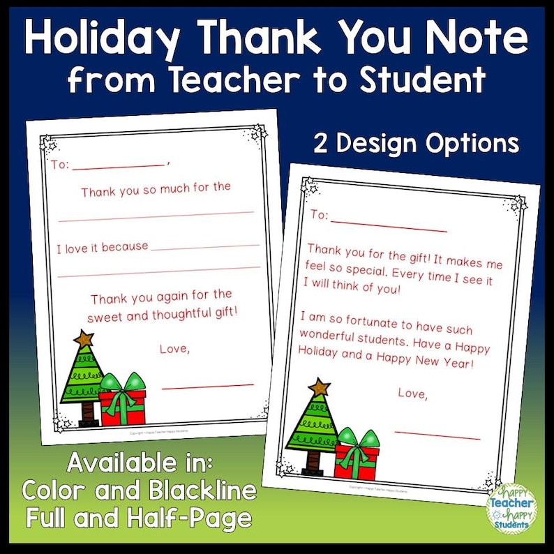 Christmas Thank You Card From Teacher to Student (digital Download PDF ...