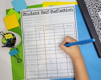 May include: A student self-reflection checklist with a grid of checkboxes. The checklist includes statements such as "I am respectful to all my teachers" and "I turn in my homework on time". A child's hand is marking a checkbox with a blue pen.