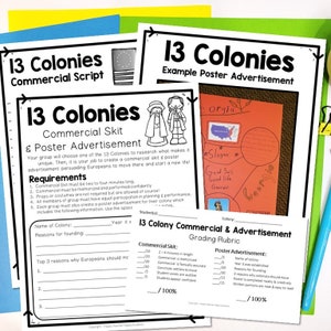May include: A black and white printable worksheet for a 13 Colonies commercial skit and poster advertisement project. The worksheet includes a grading rubric for both the commercial skit and poster advertisement. The rubric includes criteria such as length, memorization, accuracy, and audience engagement for the commercial skit. The poster advertisement rubric includes criteria such as the inclusion of the colony name, year established, reasons for founding, and overall neatness and creativity.