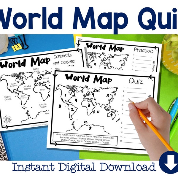 World Map: World Map Quiz (Test) and Map Worksheet, 7 Continents and 5 Oceans, World Map Printable, World Map Download, World Maps Kids Pdf