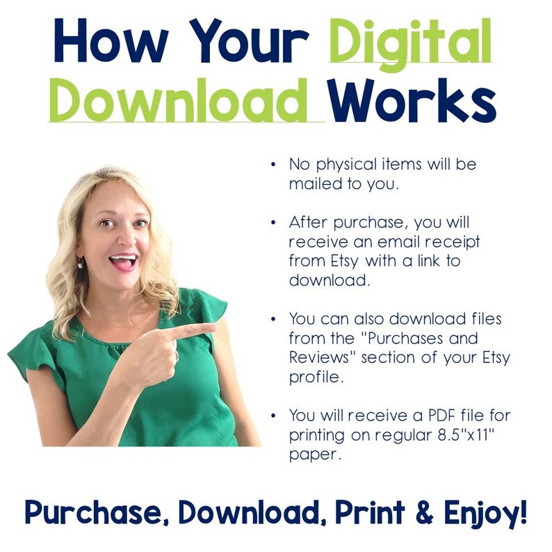 Op de afbeelding: Een vrouw glimlacht en wijst naar de tekst "How Your Digital Download Works" op een witte achtergrond. De tekst legt uit dat na aankoop een digitale download beschikbaar zal zijn. De tekst vermeldt ook dat de download een PDF-bestand is om af te drukken op papier in het formaat 8,5" x 11". De tekst eindigt met "Purchase, Download, Print & Enjoy!"