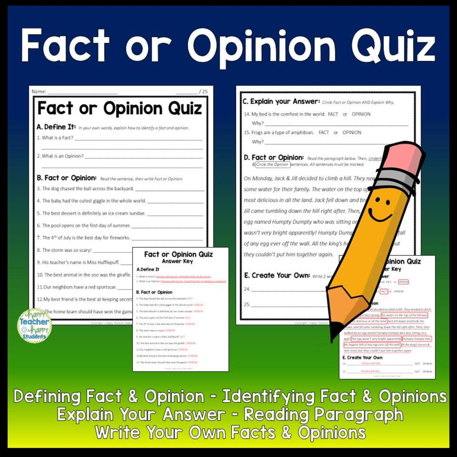 Two Page Test Method Fact and Opinion Quiz: 2-page Test With Answer Key (PDF) - Etsy