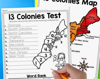 Quiz sur la carte des 13 colonies, feuille de travail sur la carte des 13 colonies, carte vierge des 13 colonies et test des 13 colonies, histoire de l'école-maison, carte des treize colonies