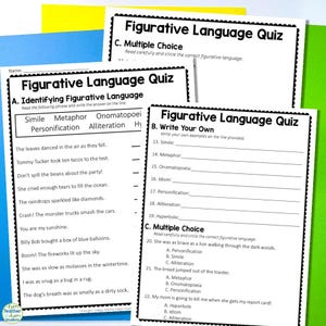 Quiz figuurlijke taal | 3 pagina&#39;s figuratieve taaltest | Figuratieve taaleenheidtest | Test over figuratieve taal voor kinderen (pdf)