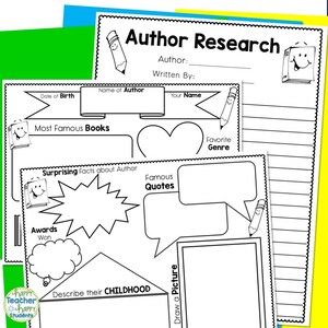May include: A black and white printable worksheet titled "Author Research" with spaces for author information, book titles, quotes, and a drawing. Includes pencil and book illustrations.