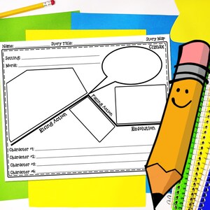 May include: A black and white printable story map template with sections for name, setting, moral, rising action, falling action, climax, and resolution. The template is designed for students to use when writing stories.