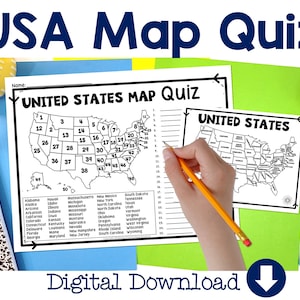 Questionário e planilha do mapa dos Estados Unidos: teste do mapa dos EUA com folha prática, questionário do mapa dos estados, quadro de avisos do mapa dos EUA, mapa dos EUA para crianças