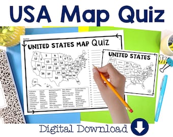 United States Map Quiz & Worksheet: USA Map Test with Practice Sheet, States Map Quiz, Decorate USA Map Bulletin Board, USA Map for Kids