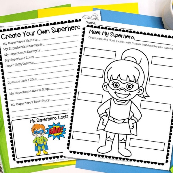 Create Your Own Superhero Writing Activity | 6 Superhero Themed Worksheets | Digital Download | Superhero Activity | Superhero Party Idea