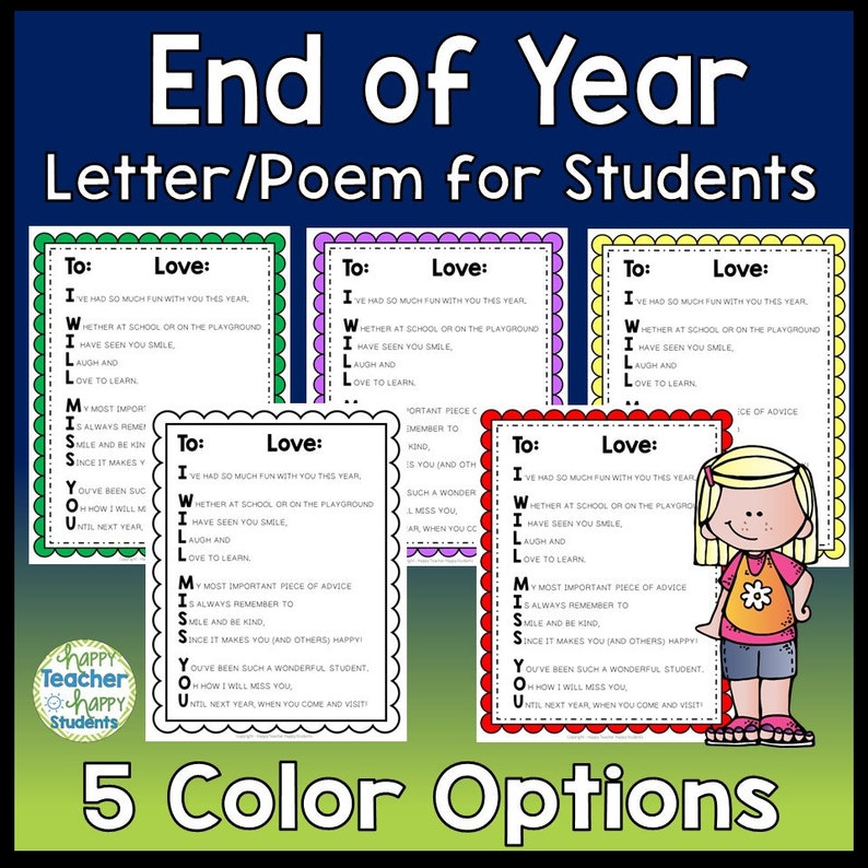 End of Year Student Poem: Acrostic Letter, 5 Color Options (digital ...