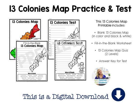 13 Colonies Map Quiz 13 Colonies Map Worksheet Blank 13 - Etsy
