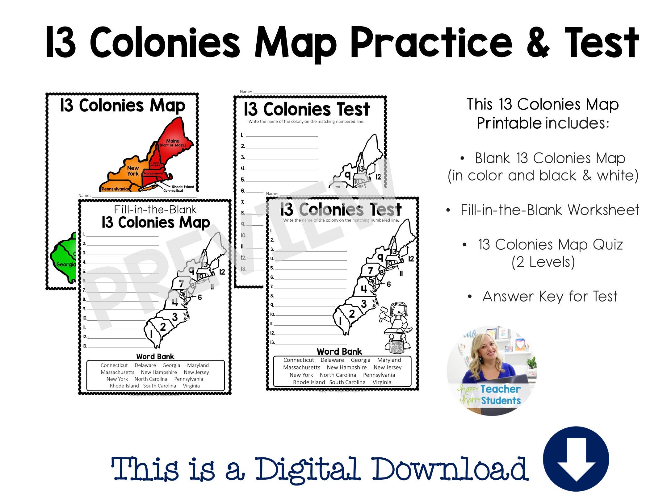 13 Colonies Map Quiz, 13 Colonies Map Worksheet, Blank 13 Colonies Map & 13 Colonies Test