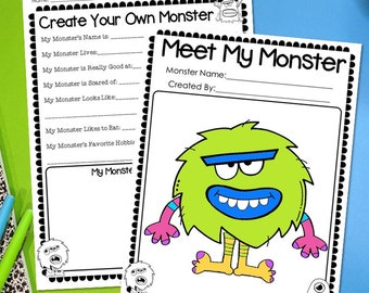 May include: Black and white printable worksheet with the title "Create Your Own Monster" and "Meet My Monster". The worksheet includes prompts for describing a monster, such as "My Monster's Name is:" and "My Monster Lives:". The "Meet My Monster" worksheet includes a drawing of a green monster with a blue mouth and pink arms.