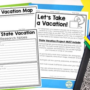 May include: A printable worksheet for a school project titled "Let's Take a Vacation!" The worksheet instructs students to research and plan an imaginary 5-day vacation to a new state. The worksheet includes a section for state vacation research notes and a section for state vacation project entries.