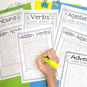 Noun, Verb, Adjective, Adverb Word Search | 8 Parts of Speech Word Searches | Grammar Word Search | Noun, Verb, Adjective, Adverb worksheets