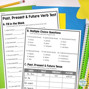 May include: Black and white worksheet with the title "Past, Present & Future Verb Test". The worksheet has three sections: Fill in the Blank, Multiple Choice Questions, and Past, Present & Future Tense. The worksheet includes a chart with the headings Verb, Past, Present, and Future.