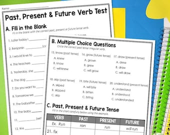 Past, Present and Future Tense Verb Test | Verb Tense Quiz for Kids (Digital Download)