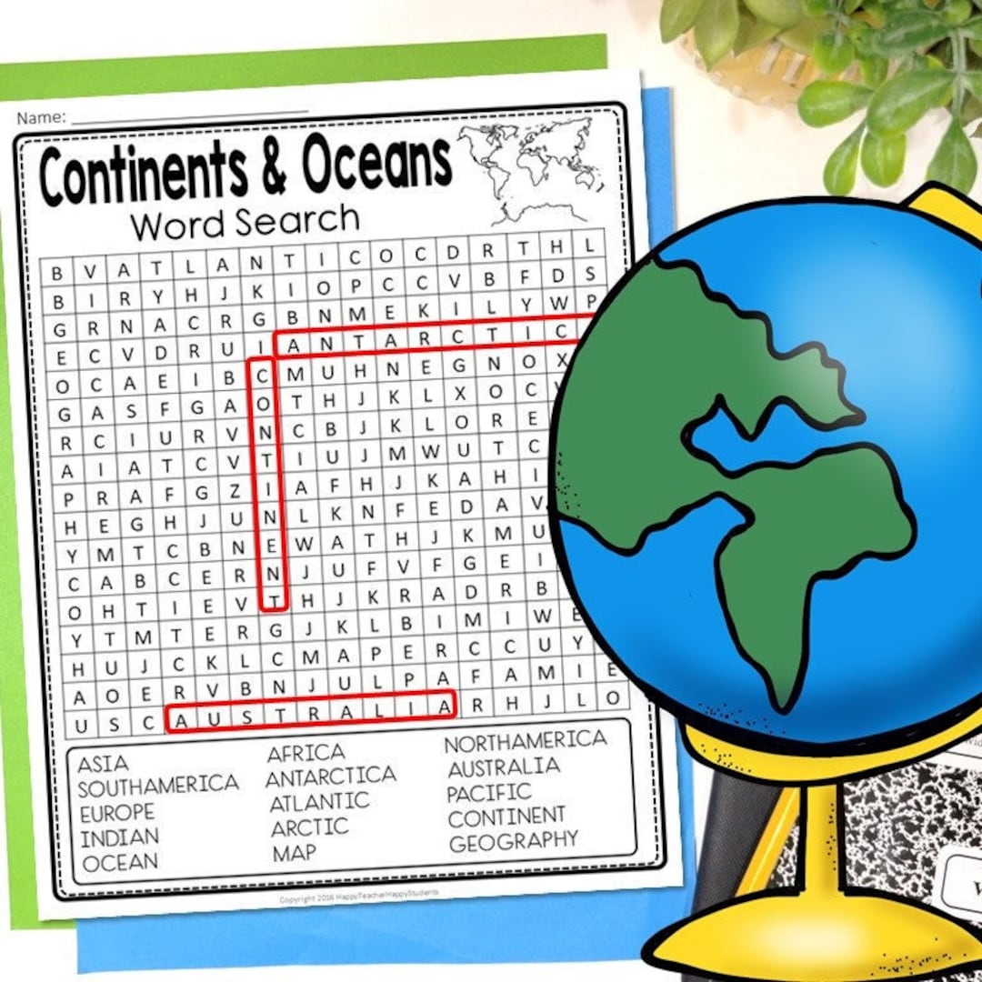 Continents and oceans word search activity printable world map word
