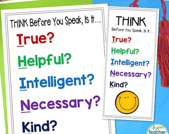 Think Before You Speak Poster & Bookmark, THINK Poster and Bookmark, Classroom Management Poster, Think Before You Speak Printable for Kids